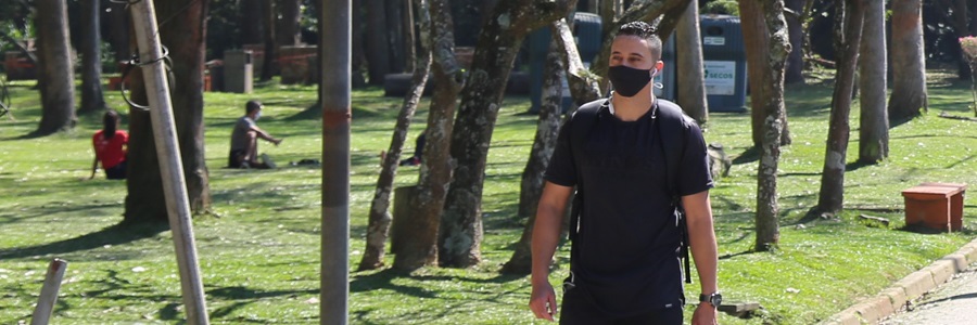 Pessoas caminham de máscaras no Parque Aclimação cercado de árvores verdes grandes
